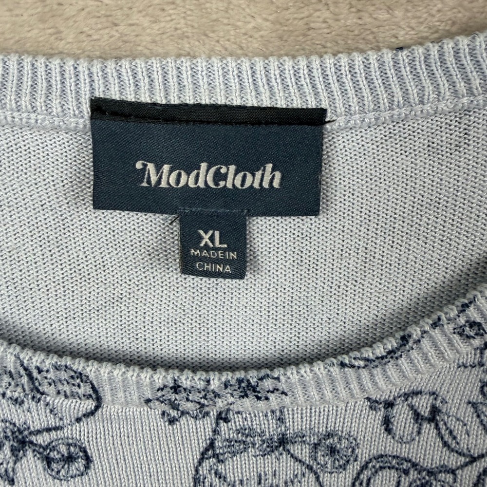 ModCloth Sweater Womens XL Blue Cat Floral Toile Print Crewneck Lightweight - Picture 3 of 8